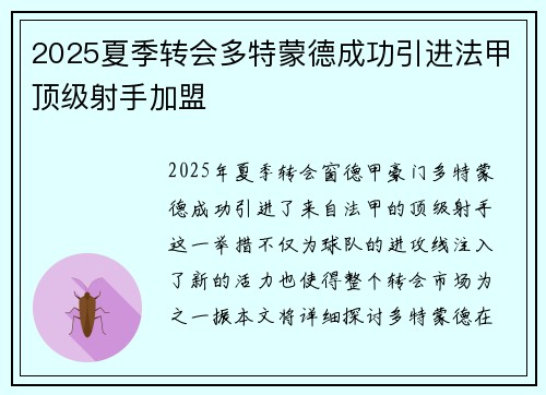 2025夏季转会多特蒙德成功引进法甲顶级射手加盟