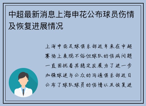 中超最新消息上海申花公布球员伤情及恢复进展情况