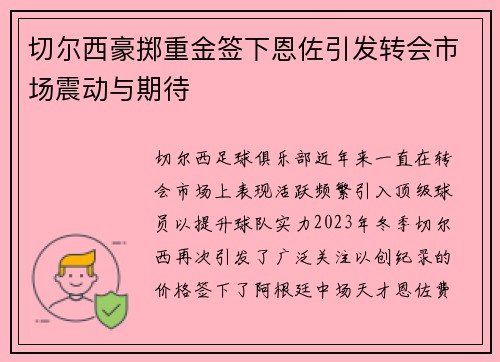 切尔西豪掷重金签下恩佐引发转会市场震动与期待