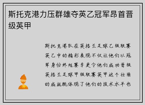斯托克港力压群雄夺英乙冠军昂首晋级英甲